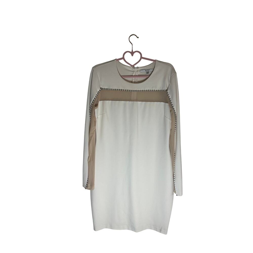 GUESS Women's Colorblock Mini Dress XL Long Sleeve White Nude Mesh Panel